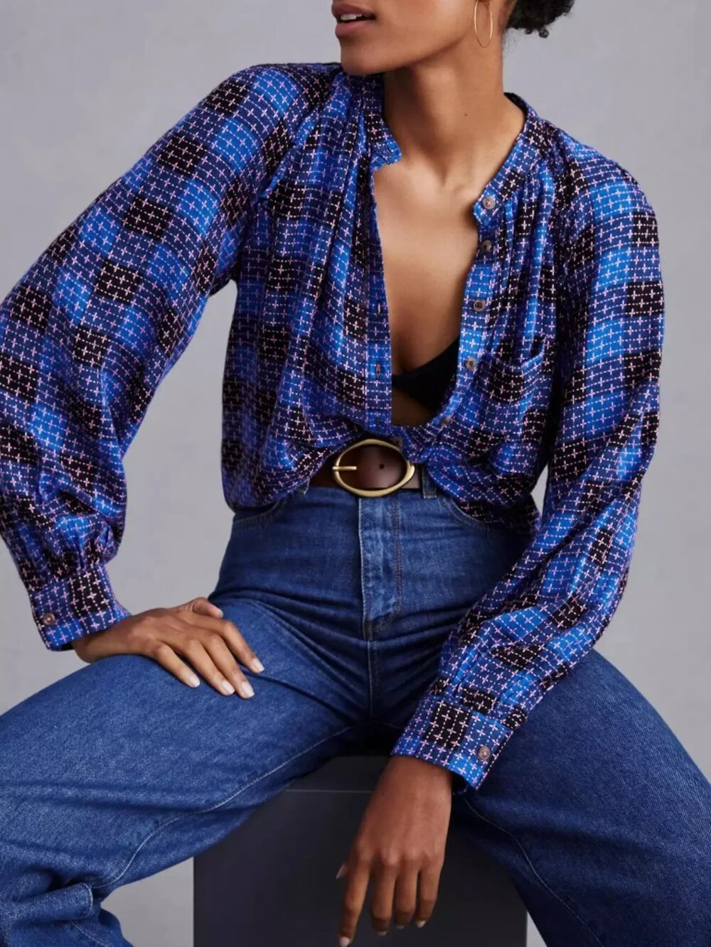Pilcro Anthropologie blue pink black plaid ruffle button down shirt